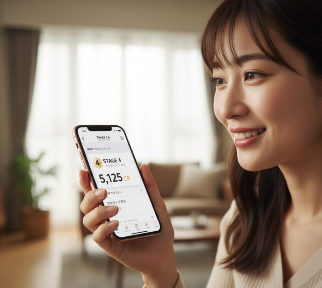 リビングで、タイムズカーシェアのアプリ画面で現在のステージ（STAGE 4）とCP数（5,125 CP）を確認し、笑顔を見せる日本人女性。