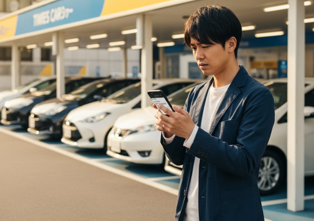 タイムズカーシェアのステーションで、スマートフォンを見ながらマニュアル車（MT車）が見つからず困った表情の日本人男性。