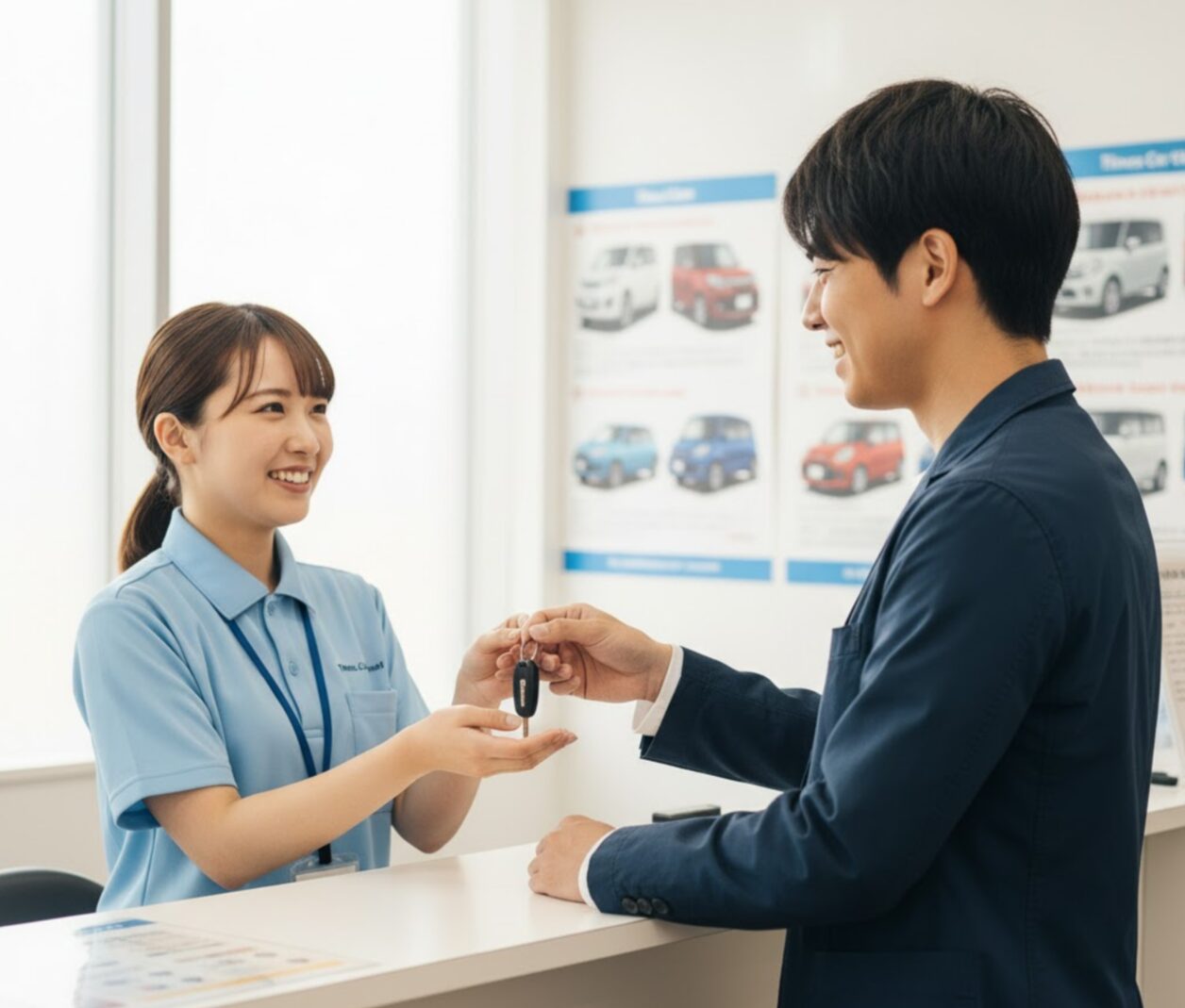 レンタカー店舗のカウンターで、日本人女性スタッフが日本人男性客に車のキーを手渡している様子。カーシェアとの有人・対面サービスの違いを示す画像。