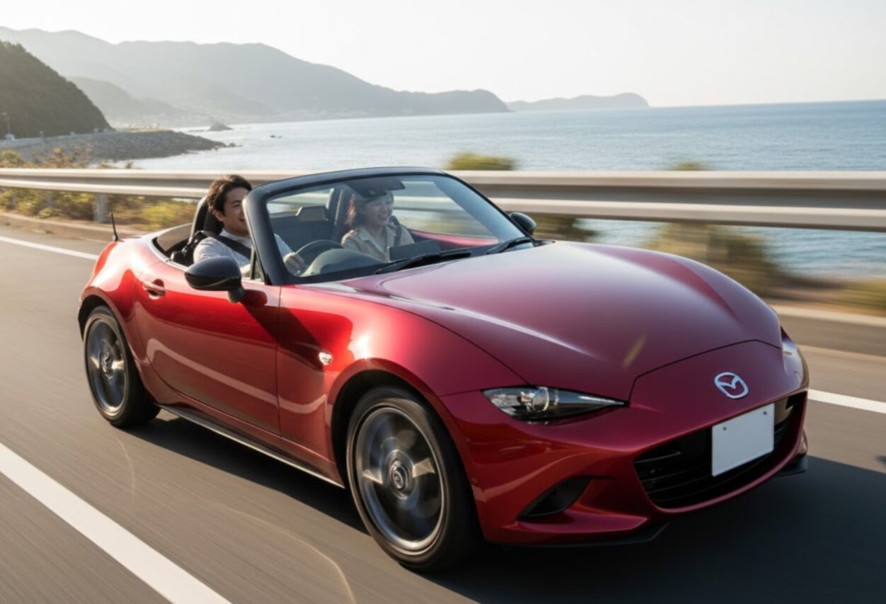 晴れた日の海岸沿いの道を走る赤いオープンカー（ロードスター）。運転練習用ではなく趣味や体験用であることを示す画像。