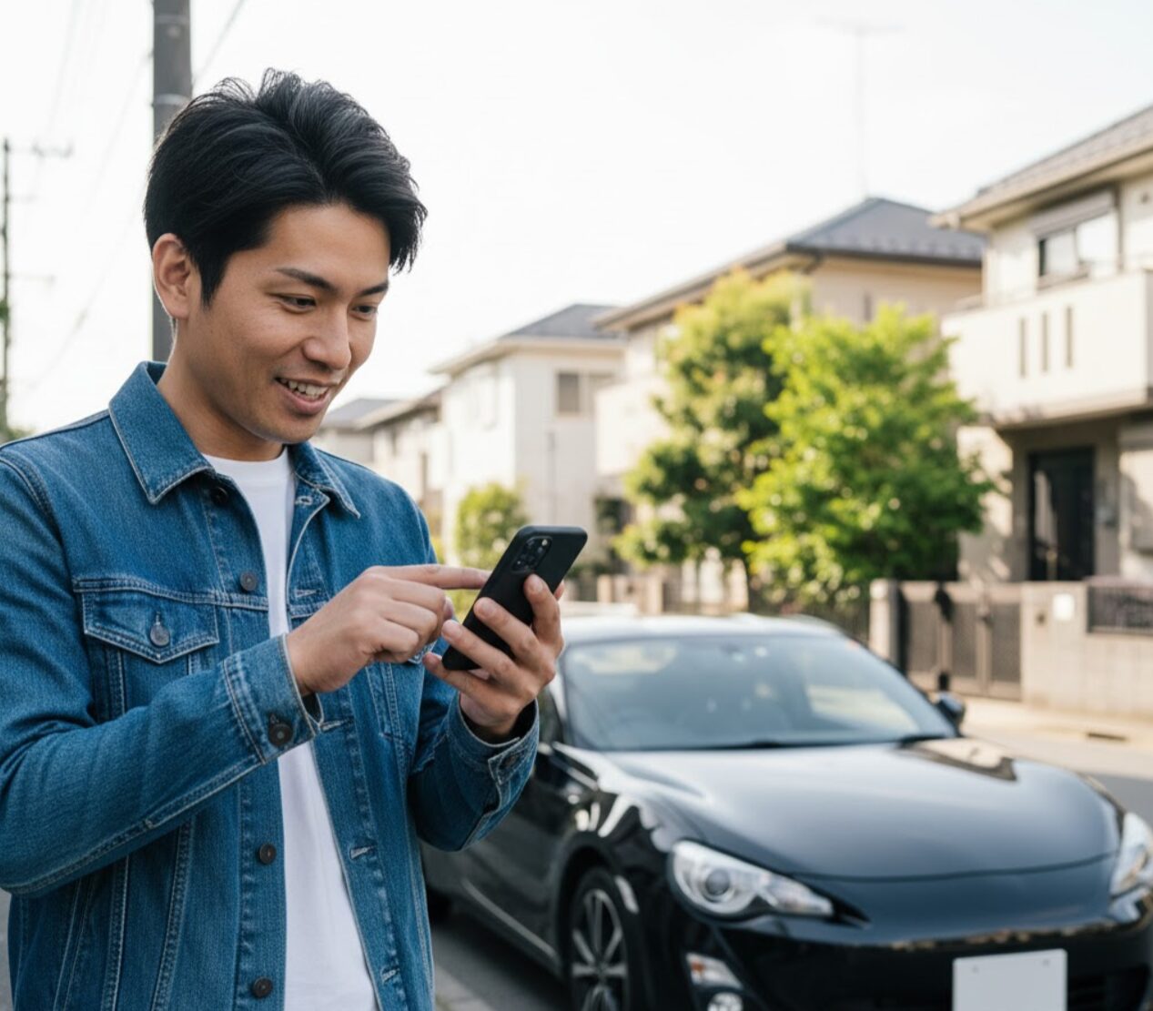 マートフォンを操作する利用者と、その横に停まるスポーティーなMT車。個人間カーシェアサービスAnyca（エニカ）のイメージ。