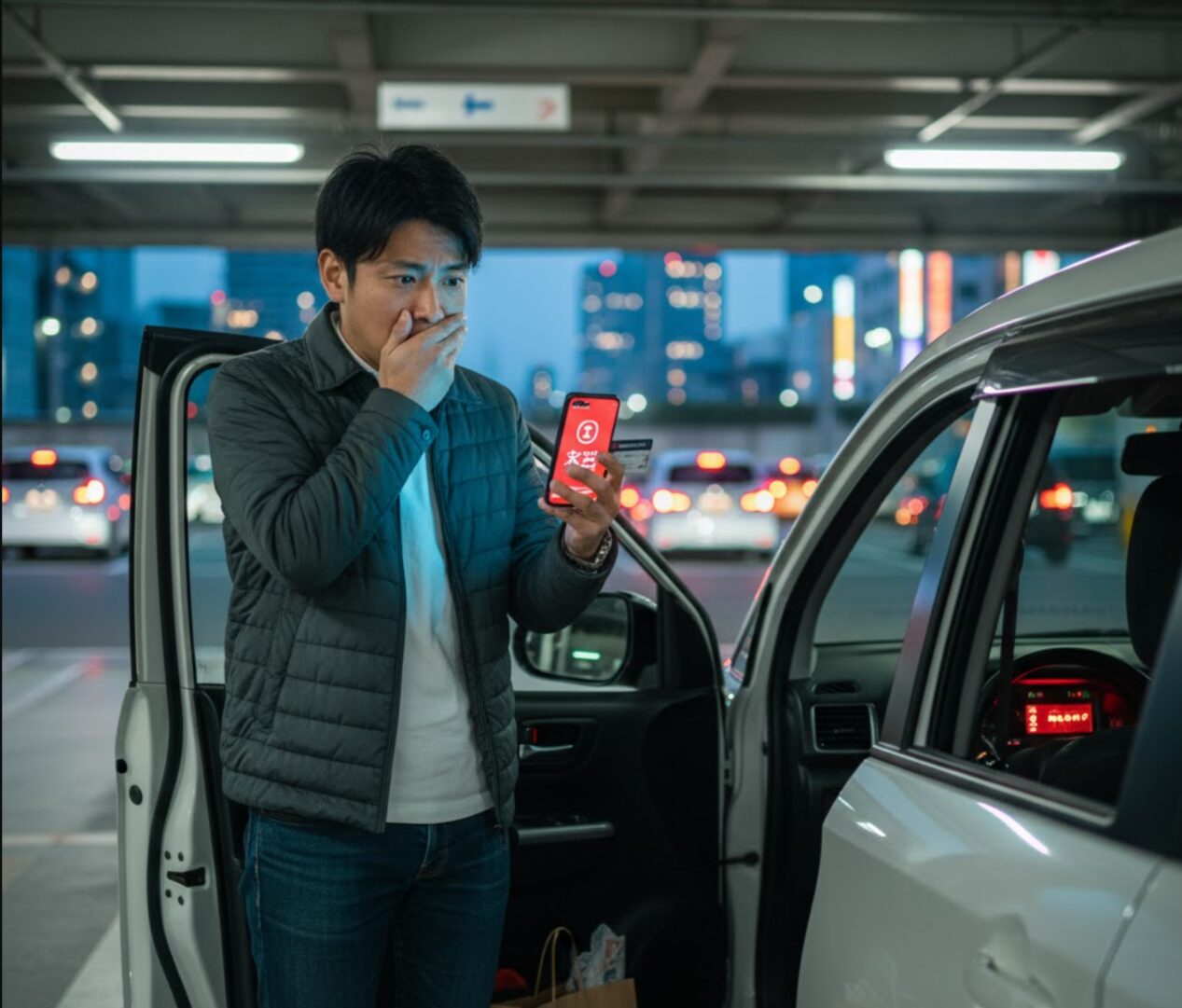 地下駐車場でタイムズカーシェアのアプリが反応せず、焦ってスマホ画面を見つめる男性。