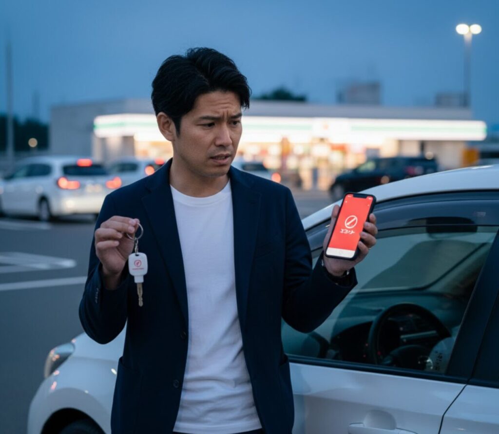 お出かけ先の駐車場で、物理キーとアプリの「施錠」エラー画面を交互に見て困惑する日本人男性。