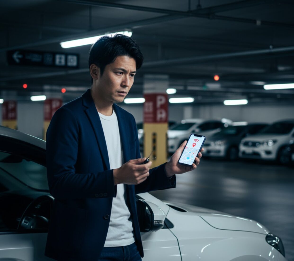 地下駐車場でタイムズカーシェアのアプリとスマートキーを手に、位置情報が機能しないことに困っている男性。