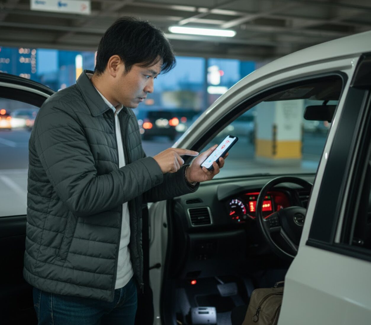 タイムズカーシェアの車内で、グローブボックスに物理キーを戻し忘れ、アプリの施錠エラーに直面する男性。