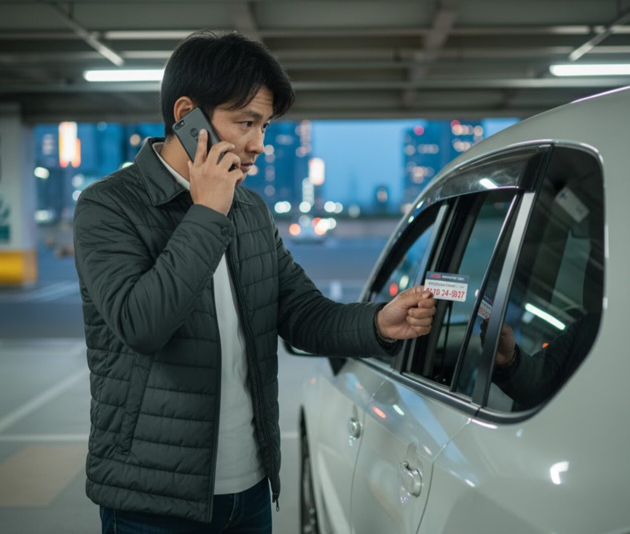 地下駐車場でタイムズカーシェアの会員カードを車にかざしながら、困って電話でサポートセンターに連絡している男性。