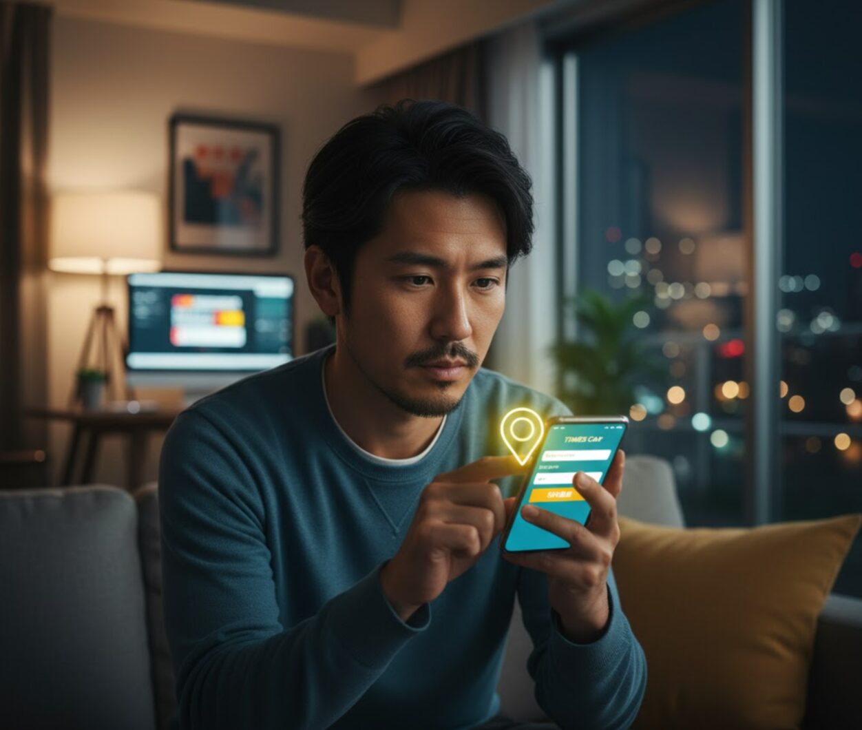 自宅のリビングで、タイムズカーシェアのアプリ解施錠機能のSMS認証登録をしている男性。