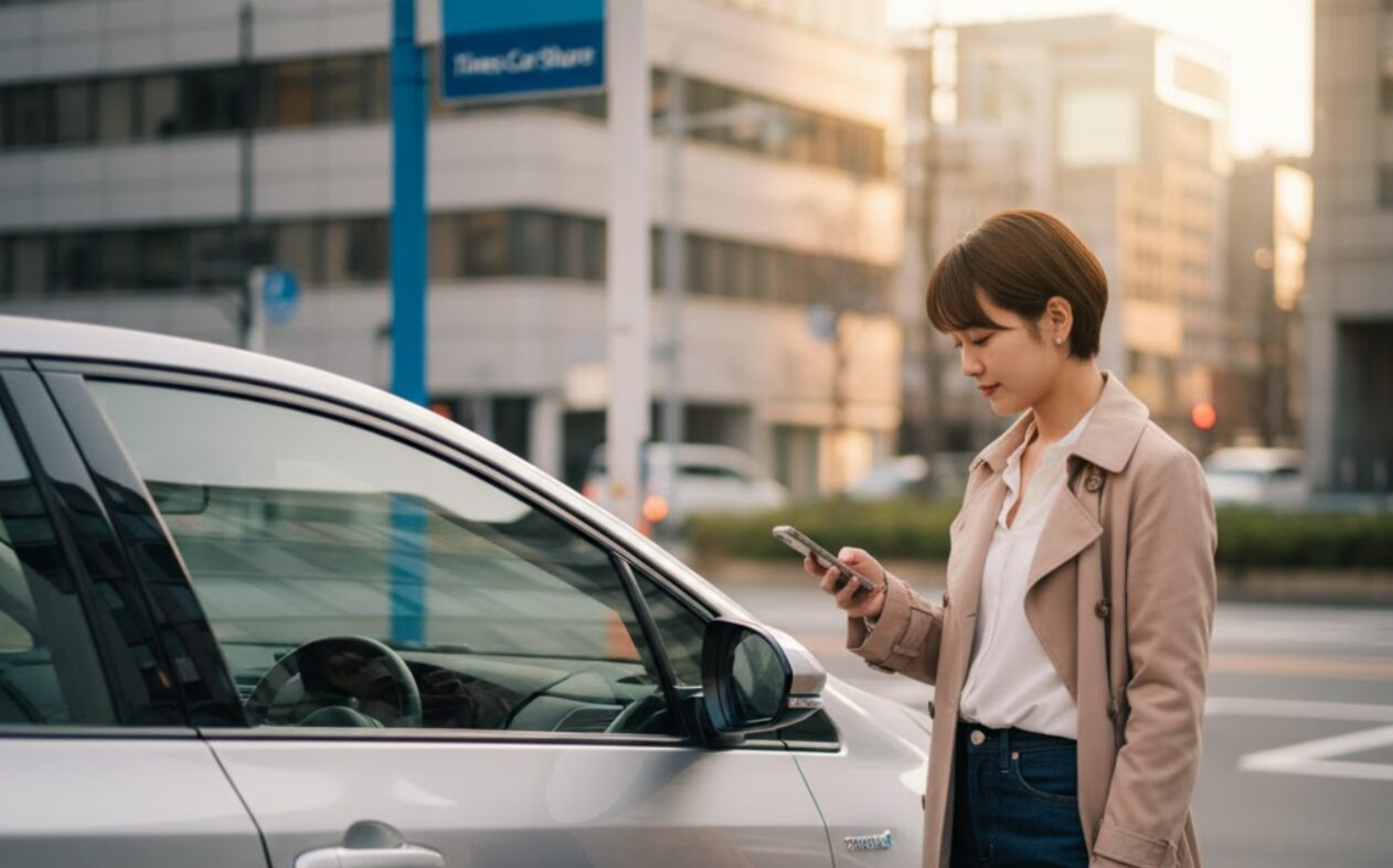 街中でカーシェアの車に寄りかかりながらスマートフォンを操作する日本人女性。0円でカーシェアを再開できるという記事のテーマを象徴している。