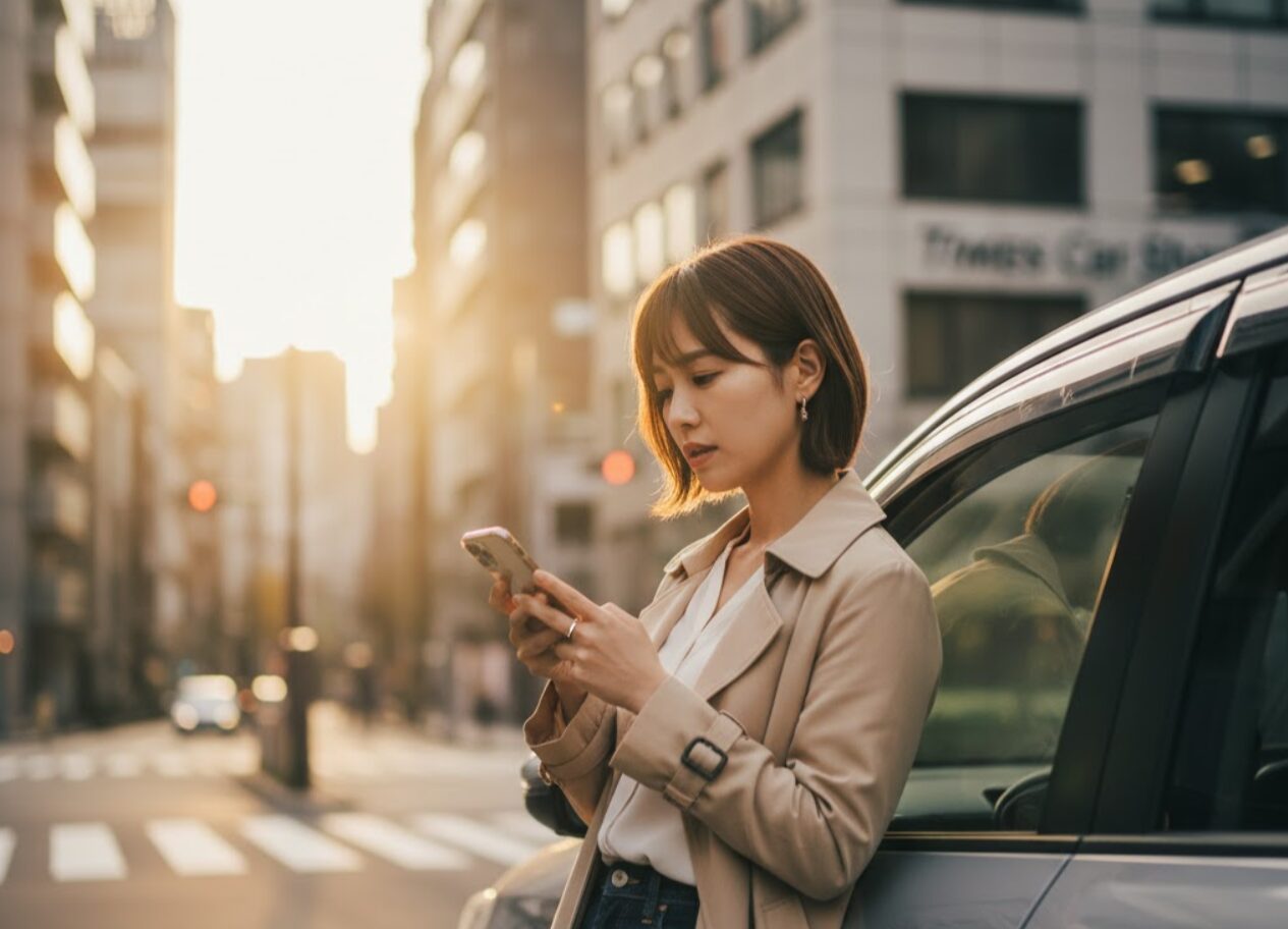 街中でカーシェアの車にもたれかかり、スマートフォンで困惑した表情を浮かべながら料金について調べている日本人女性。カーシェアの休会制度がないことへの疑問を表している。