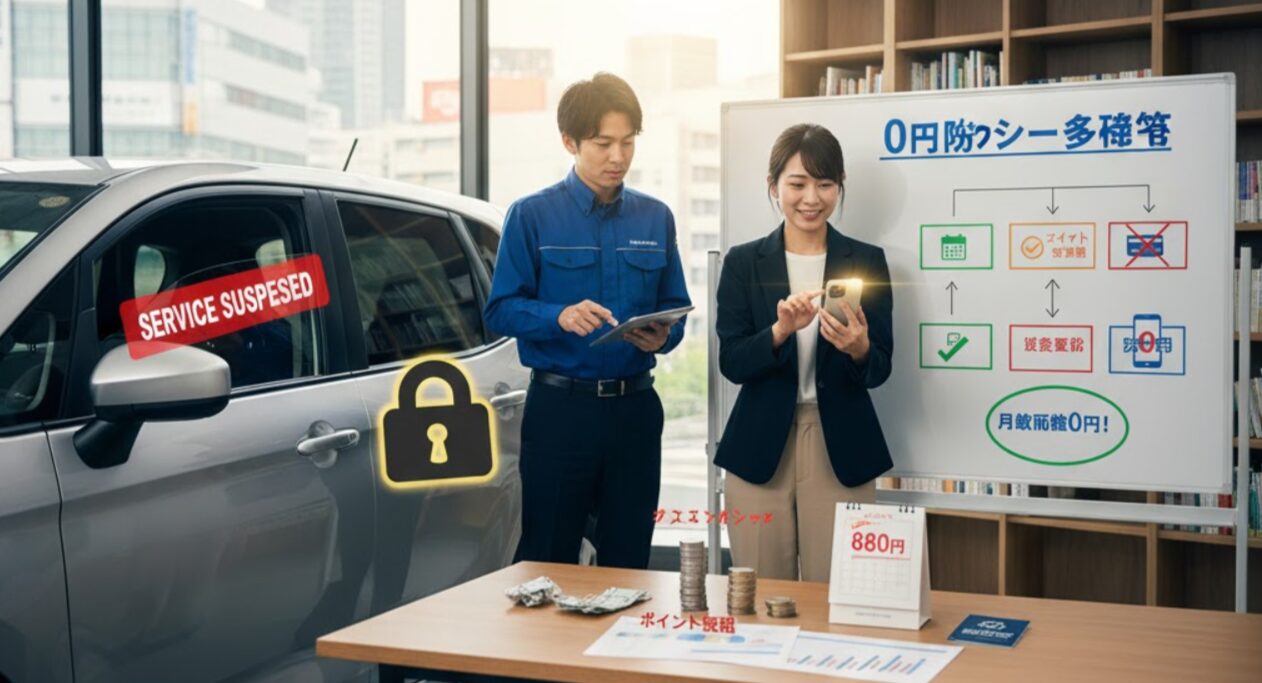 カーシェアの「一時停止」と「休会」の違いを比較しているビジネスパーソンの日本人男女。女性はアプリで料金について確認し、男性はタブレットで利用状況をチェックしている。