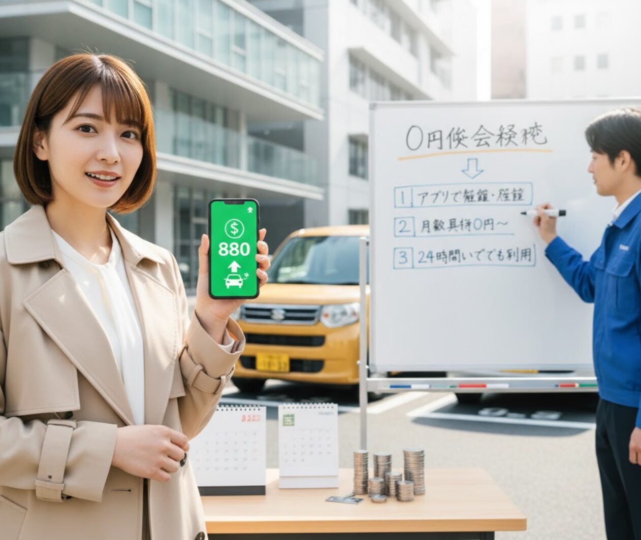 カーシェアの無料利用料金880円について説明している日本人女性。スマートフォンに「880円」と「カーシェアのアイコン」が表示されており、隣では男性がホワイトボードに解説を書いている。