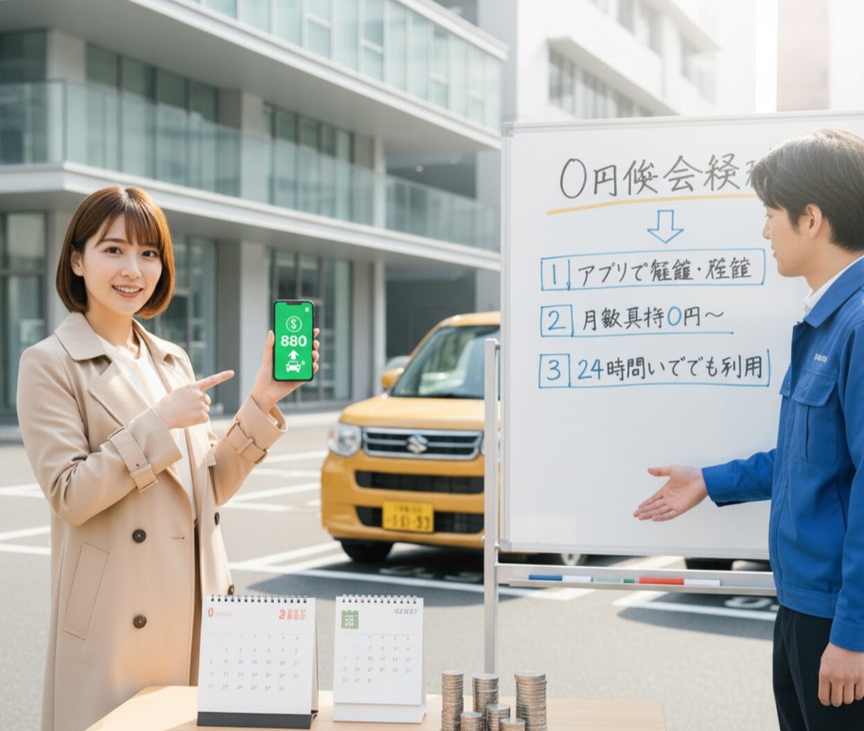 カーシェアの費用を節約する方法を議論している日本人男女。女性は無料利用料金が表示されたスマートフォンを指し、男性はホワイトボードの「0円休会」戦略を指している。