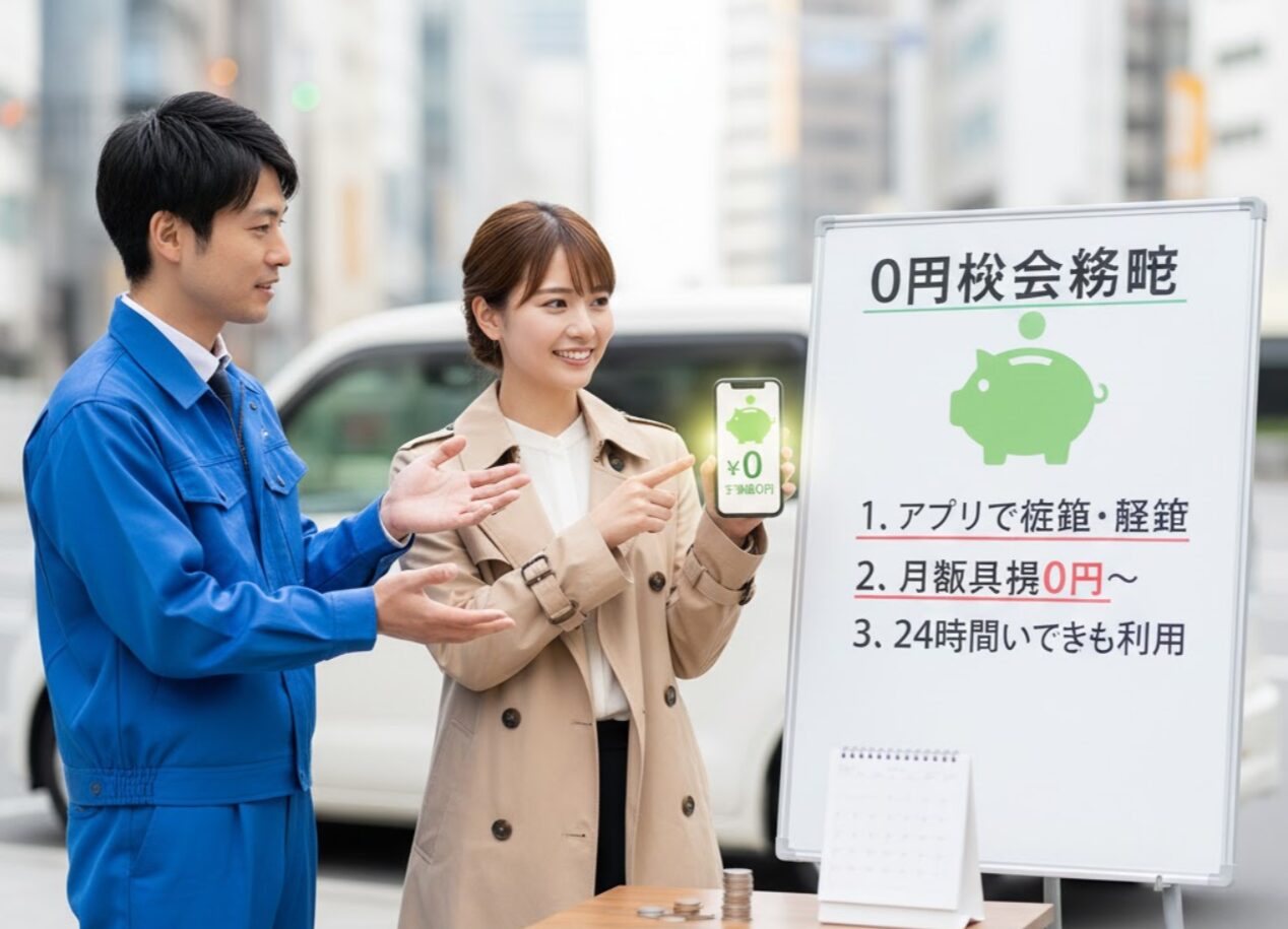 カーシェアの再入会費用を0円にする「裏ワザ」について話している日本人男女。女性は0円と表示されたスマートフォンを男性に示し、男性はホワイトボードの貯金箱のアイコンを指している。