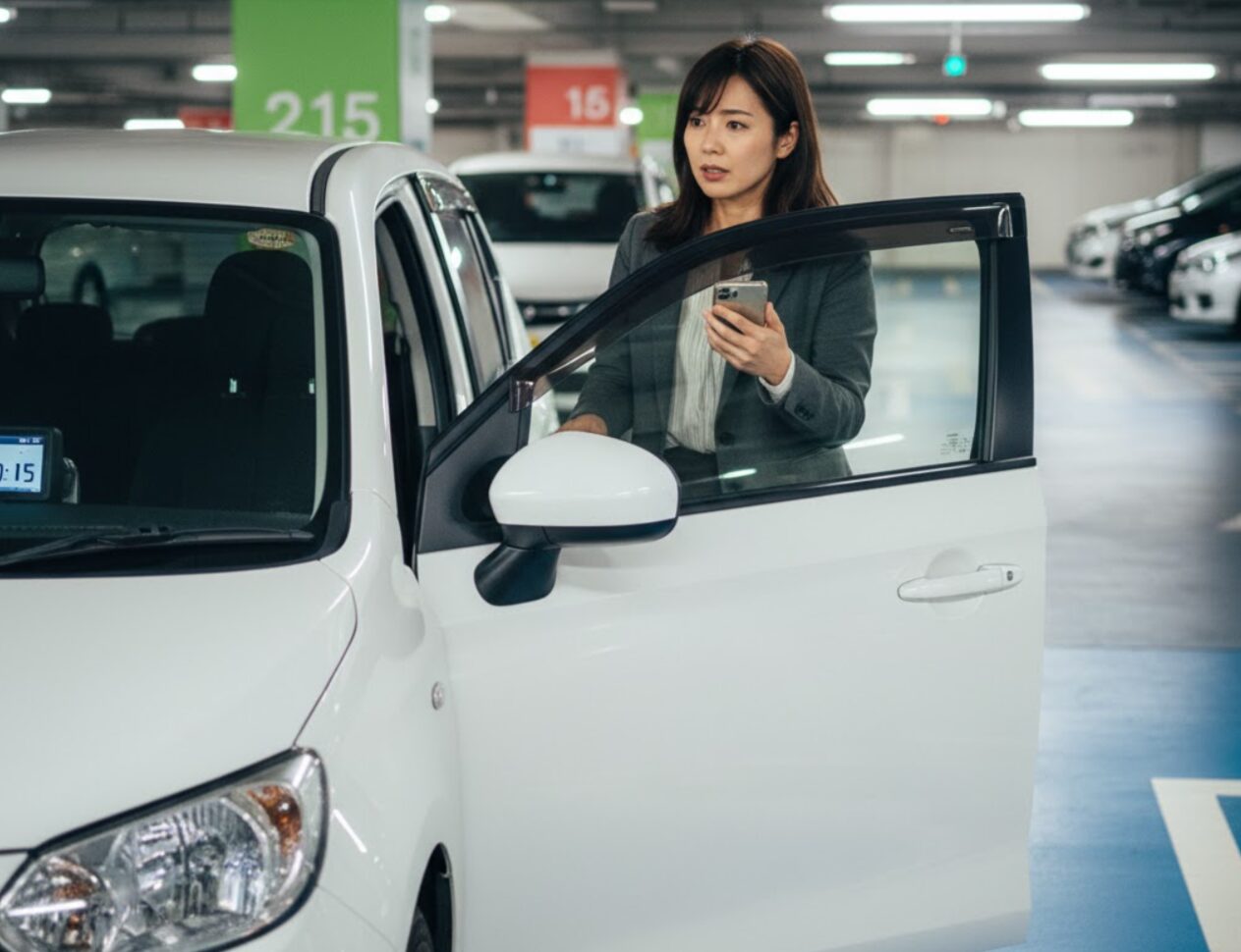予約時間に少し遅れ、カーシェアの車のドアを開けて乗り込もうとする日本人女性。