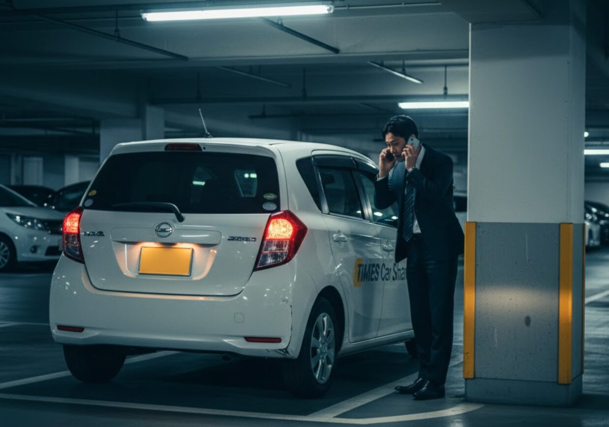 駐車場から左折する車が、内輪差によって後輪側のバンパーを角のポールにぶつけそうになっている危険な状況。