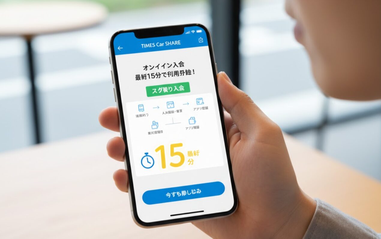 タイムズカーシェアの「スグ乗り入会」のスマートフォン画面が表示されており、最短15分で利用開始できることが示されている