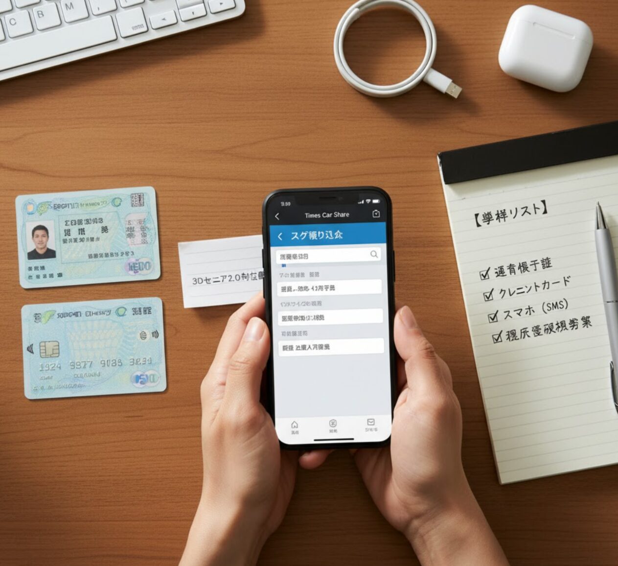 タイムズカーシェアの「スグ乗り入会」に必要な運転免許証、クレジットカード、スマートフォン、チェックリストが机に並べられている