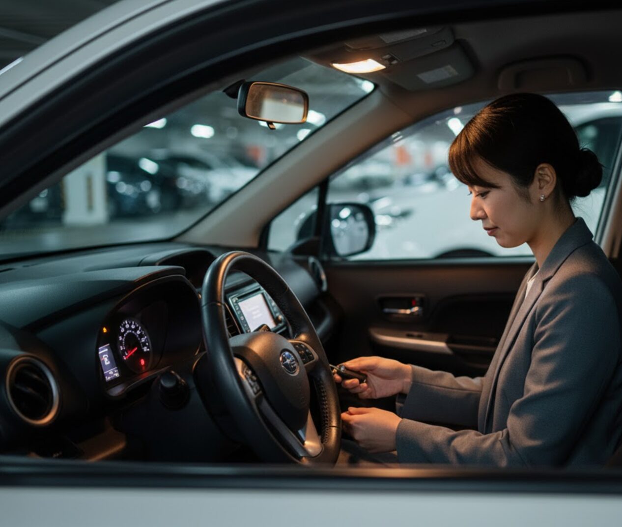 タイムズカーシェアのカーシェア車両に乗り込み、物理キーを使ってエンジンをかけようとしている日本のビジネスウーマン