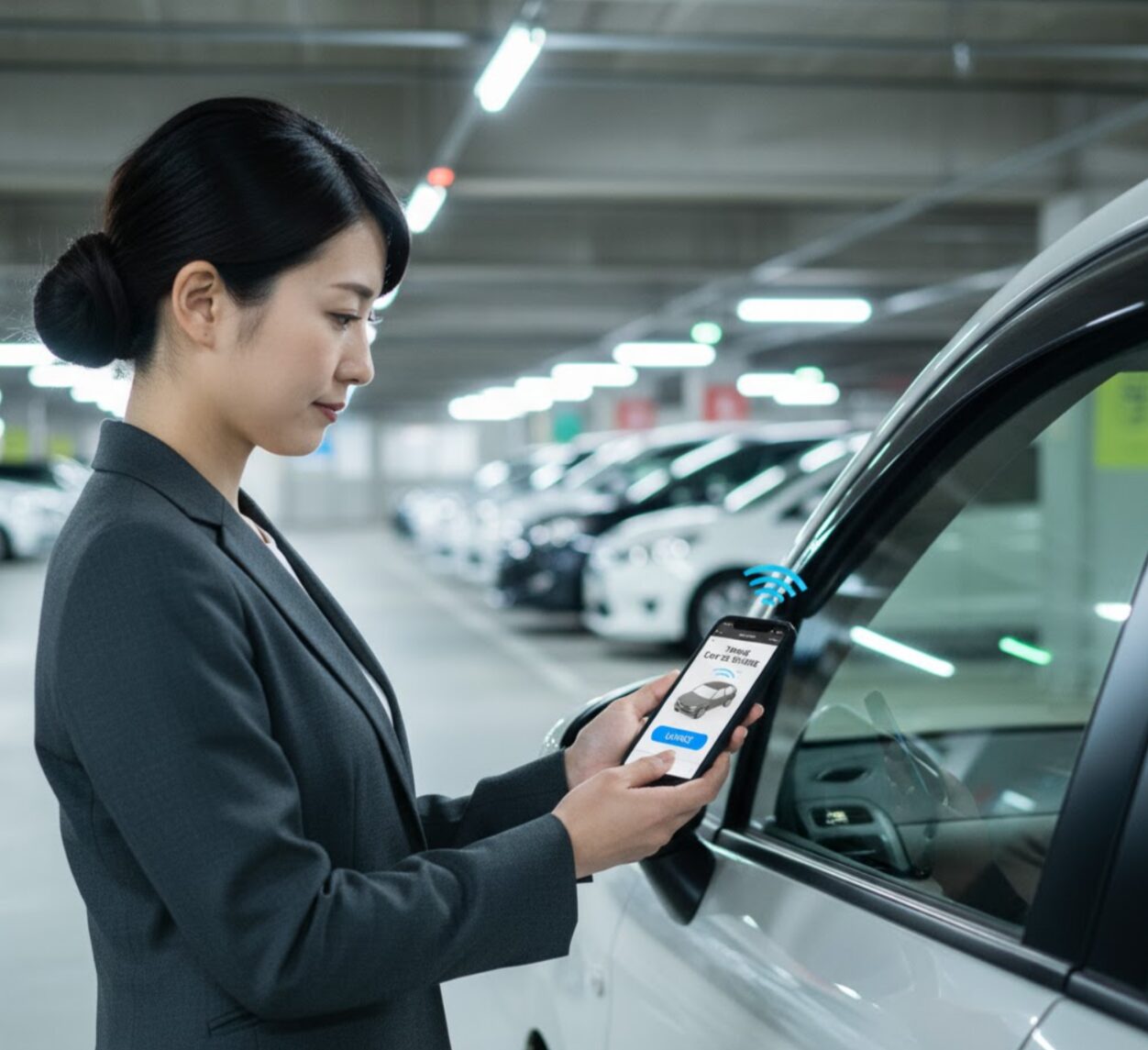 タイムズカーシェアのカーシェア車両をスマートフォンアプリを使って解錠している日本のビジネスウーマン