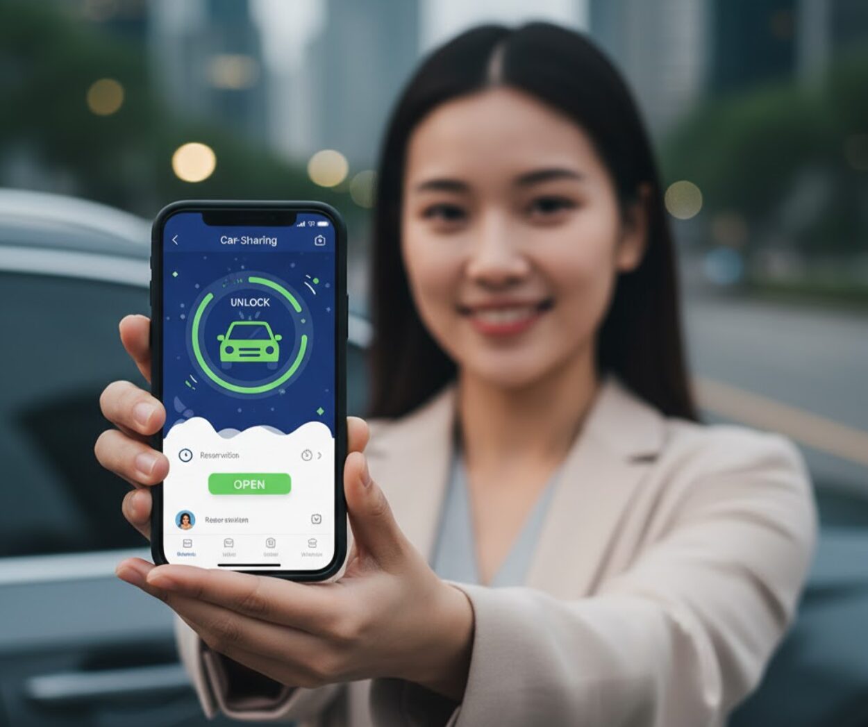 タイムズカーアプリの解錠画面をスマートフォンに表示して見せる若い日本人女性。背景には街と車がぼかして写っている。
