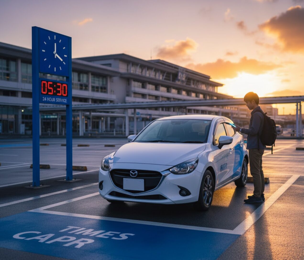 早朝のカーシェアステーションで、スマホを操作して車を解錠しようとしている男性。背後には空港のような建物と「TIMES CAR」の表示があり、夜明けの空が広がる。