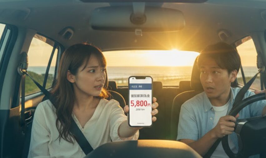 車内でスマホに表示されたカーシェアの距離料金を見て驚く男女。