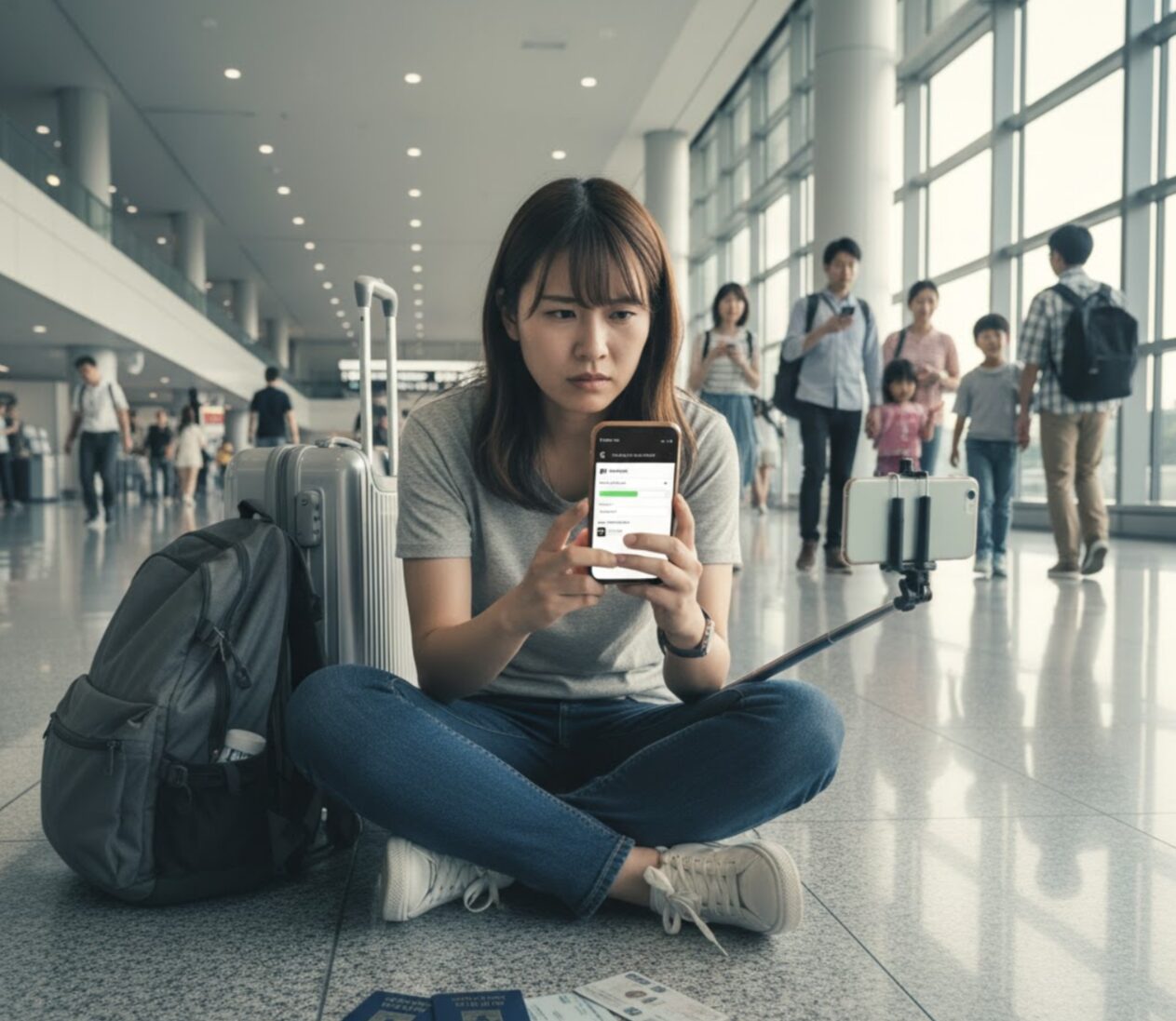 空港の床に座り、スマホでカーシェアの登録画面を見て困った顔をする女性。