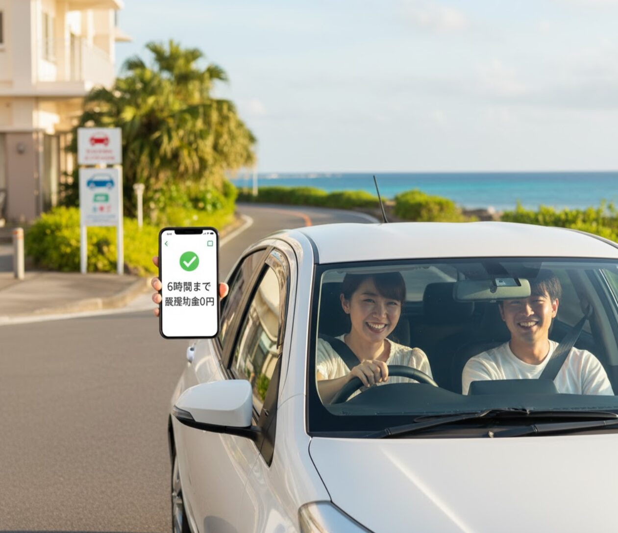 6時間まで距離料金無料のカーシェアサービスに満足げな笑顔の男女が運転する車。