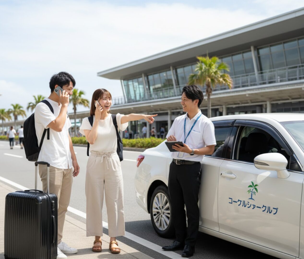空港前で、配車型カーシェアサービスのスタッフから車の説明を受ける旅行中の男女。