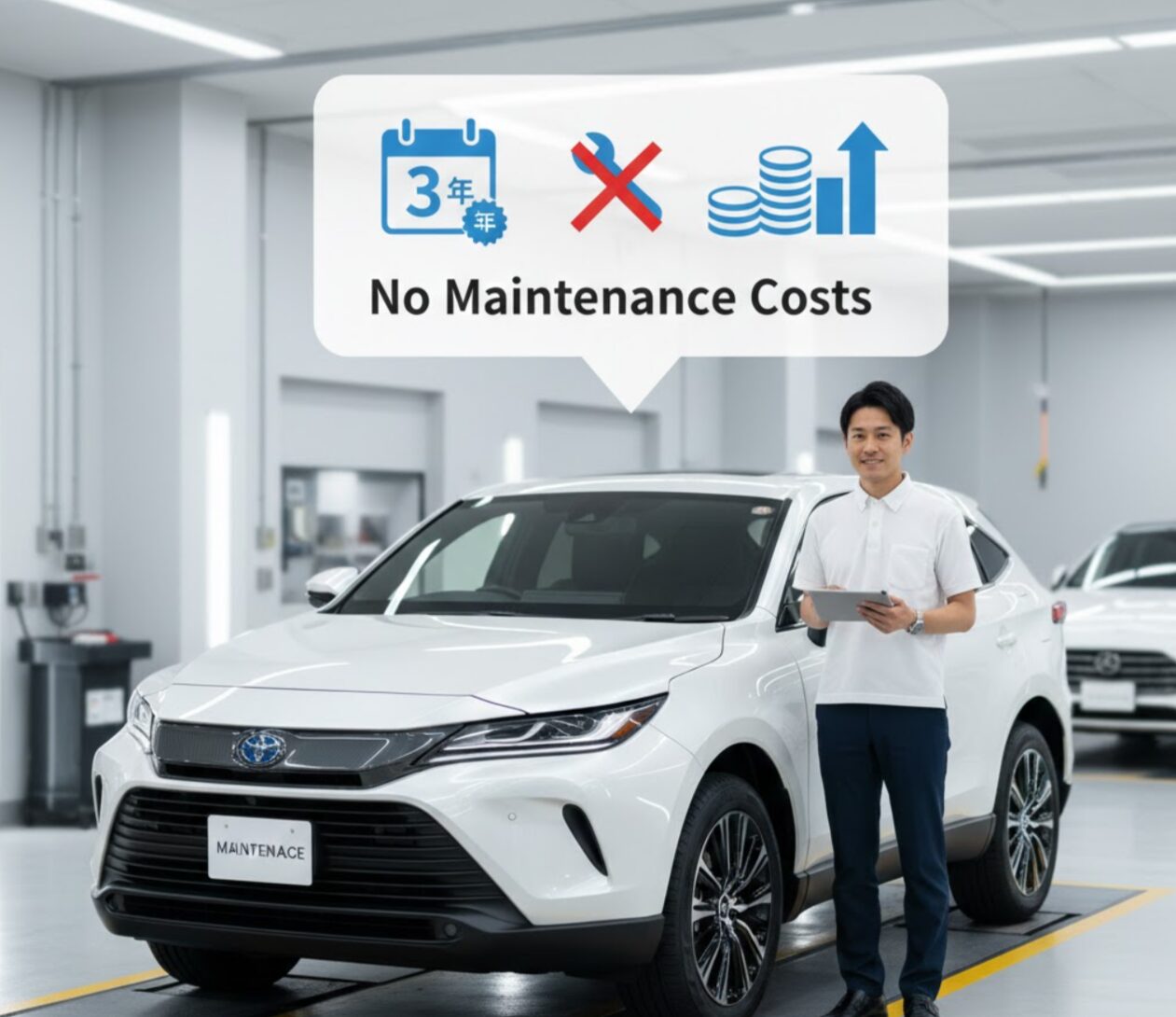 整備工場のような清潔な空間で、白いSUV(ハリアーのような車)の隣に立つ笑顔の日本人男性。男性はタブレットを持ち、車の上には「3年」「修理なし」「コスト削減」を示すアイコンと「No Maintenance Costs」というテキストを含む吹き出しがある。