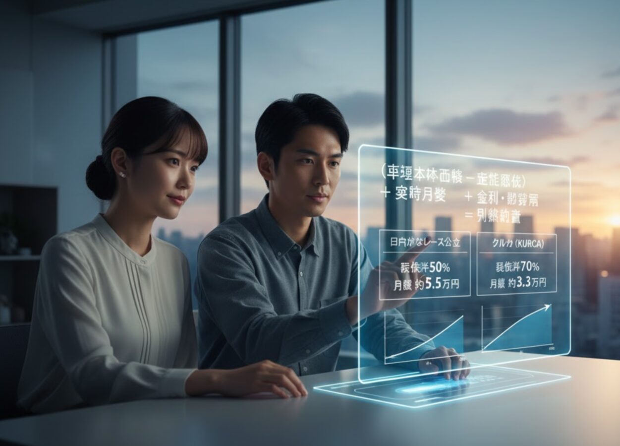 オフィスで、夜景を背景にカーリースの計算式とシミュレーション結果が描かれたホログラムを見つめる日本人男女。男性が計算式を指し示し、女性がその内容を真剣に確認している。「車両本体価格 - 設定残価」の計算式や、「一般的なリース会社(残価率50%)」と「クルカ(残価率70%)」の月額料金比較が表示されている。