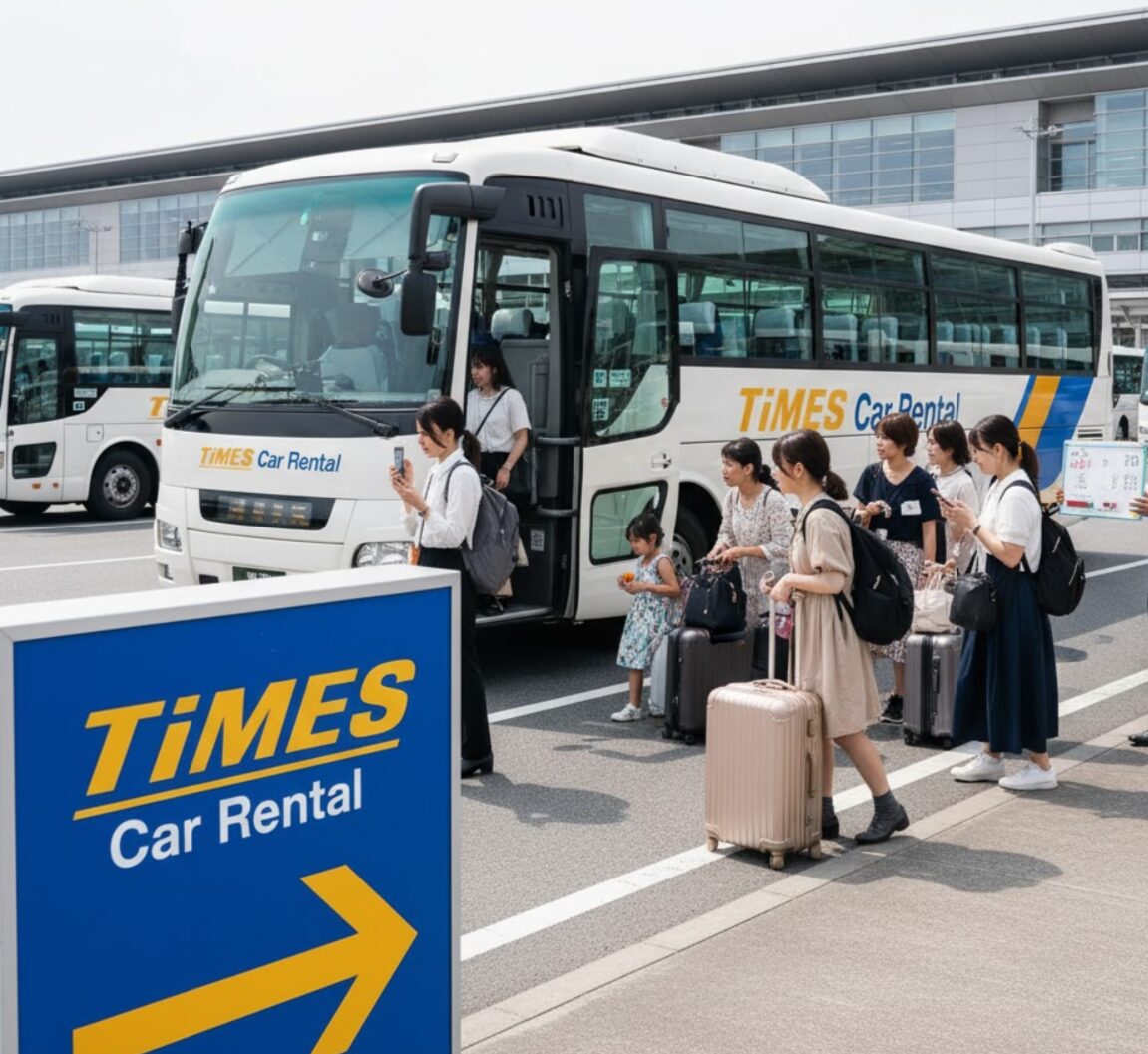 空港のレンタカー送迎バス乗り場で、スーツケースを持った旅行客が「タイムズカーレンタル」の送迎バスに乗り込もうとしている様子。スタッフが案内をしている。