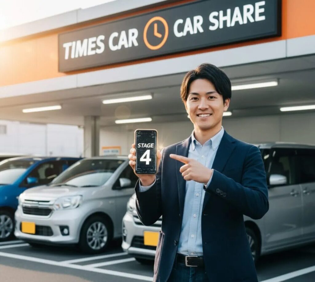 タイムズカーシェアのステーションで、スマートフォンに表示された「STAGE 4」の画面を指し示す笑顔の日本人男性。背後には複数のカーシェア車両が見える。
