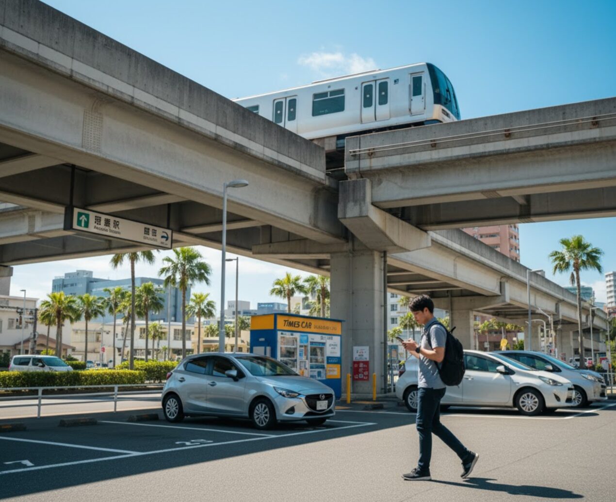 赤嶺駅近くのタイムズカーシェアステーションを背景に、モノレールが走る高架下を歩く男性。彼はスマートフォンを操作しながら、カーシェア車両に向かっている。