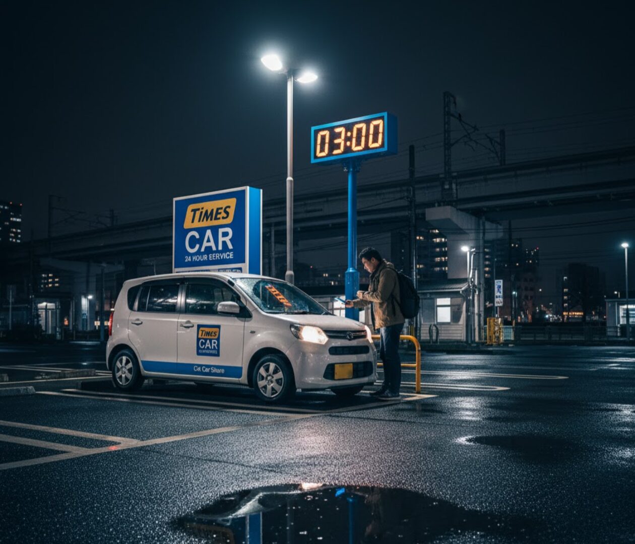 深夜3時、雨上がりのカーシェアステーションで、スマートフォンを操作して車を借りる男性。時刻を示すデジタル時計と「Times CAR 24 HOUR SERVICE」の看板が見える。
