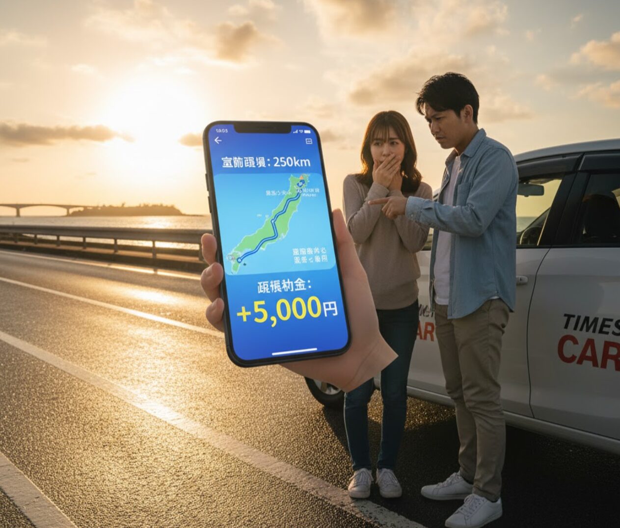 沖縄の海沿いの道路で、カーシェアのアプリ画面に「距離料金＋5,000円」と表示され、驚き困惑するカップル。夕焼け空の下、車を背景にスマートフォンを指差している。