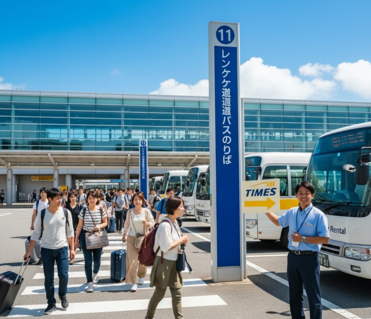 那覇空港の「⑪レンタカー送迎バスのりば」で、タイムズのスタッフが案内する中、無料送迎バスに乗り込もうと横断歩道を渡る多くの旅行客。晴れた空の下、空港ターミナルが背景に見える。