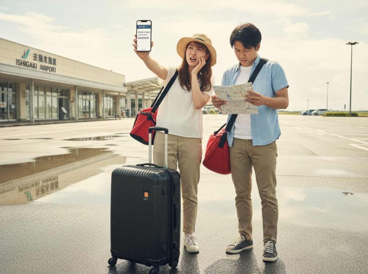 石垣空港の前で、スマホのカーシェアアプリを見て困惑する女性と地図を見る男性。