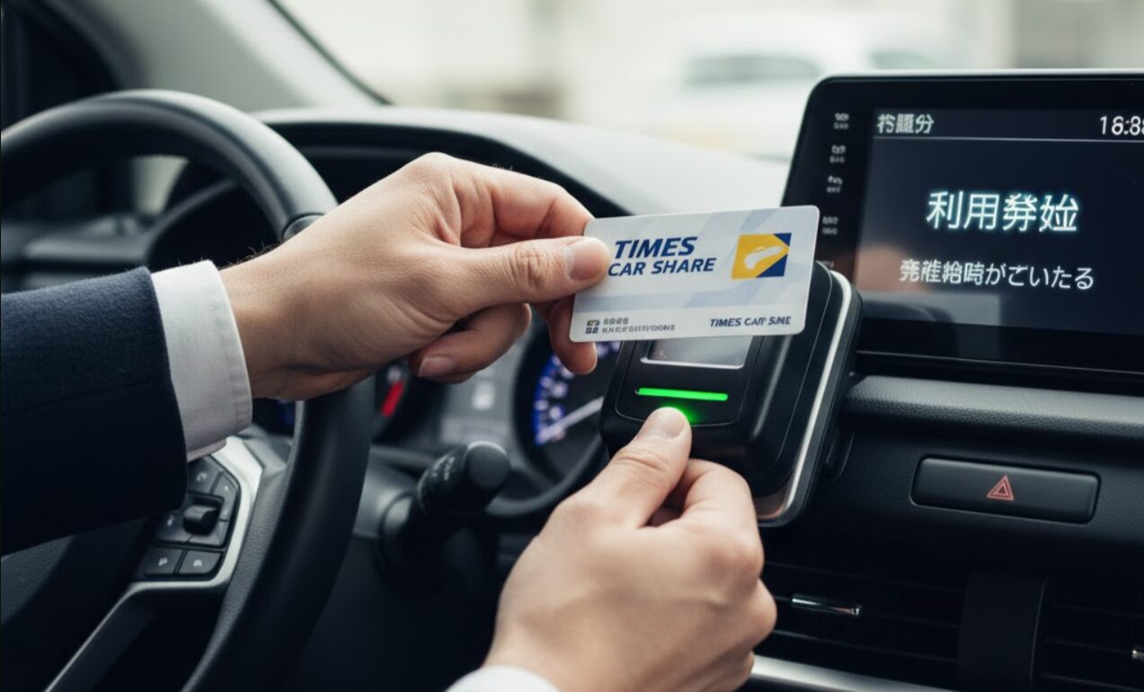 カーシェアの車内で、カードキー（またはスマートフォン）を認証機にかざし、利用を開始する日本人の手元。