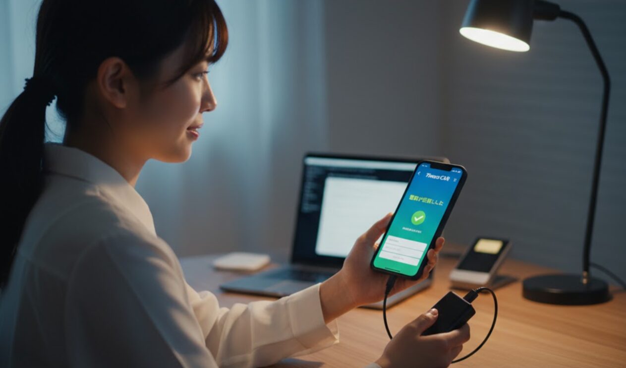 自宅のデスクでノートパソコンを開き、スマートフォンでタイムズカーアプリの解錠機能の登録を完了させている日本人女性。