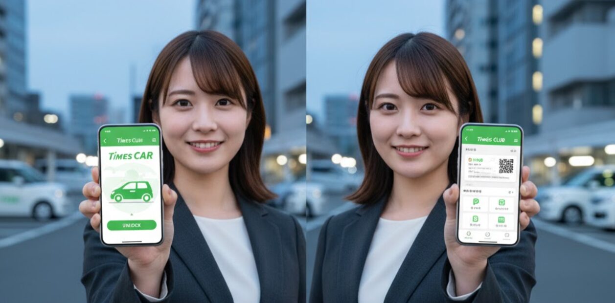 タイムズカーアプリとタイムズクラブアプリの2種類を、それぞれ別のスマートフォンに表示して笑顔で見せる双子の日本人女性。