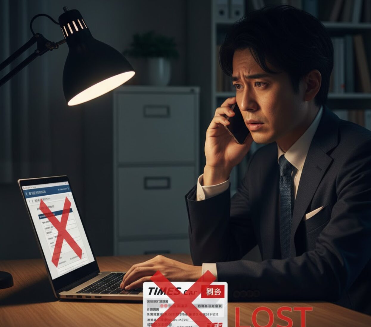 暗い部屋のデスクで、紛失したタイムズカーシェアの会員カードのイメージとLOSTという文字を見つめながら、スマートフォンでカスタマーサービスに電話している困惑した様子の日本人男性。