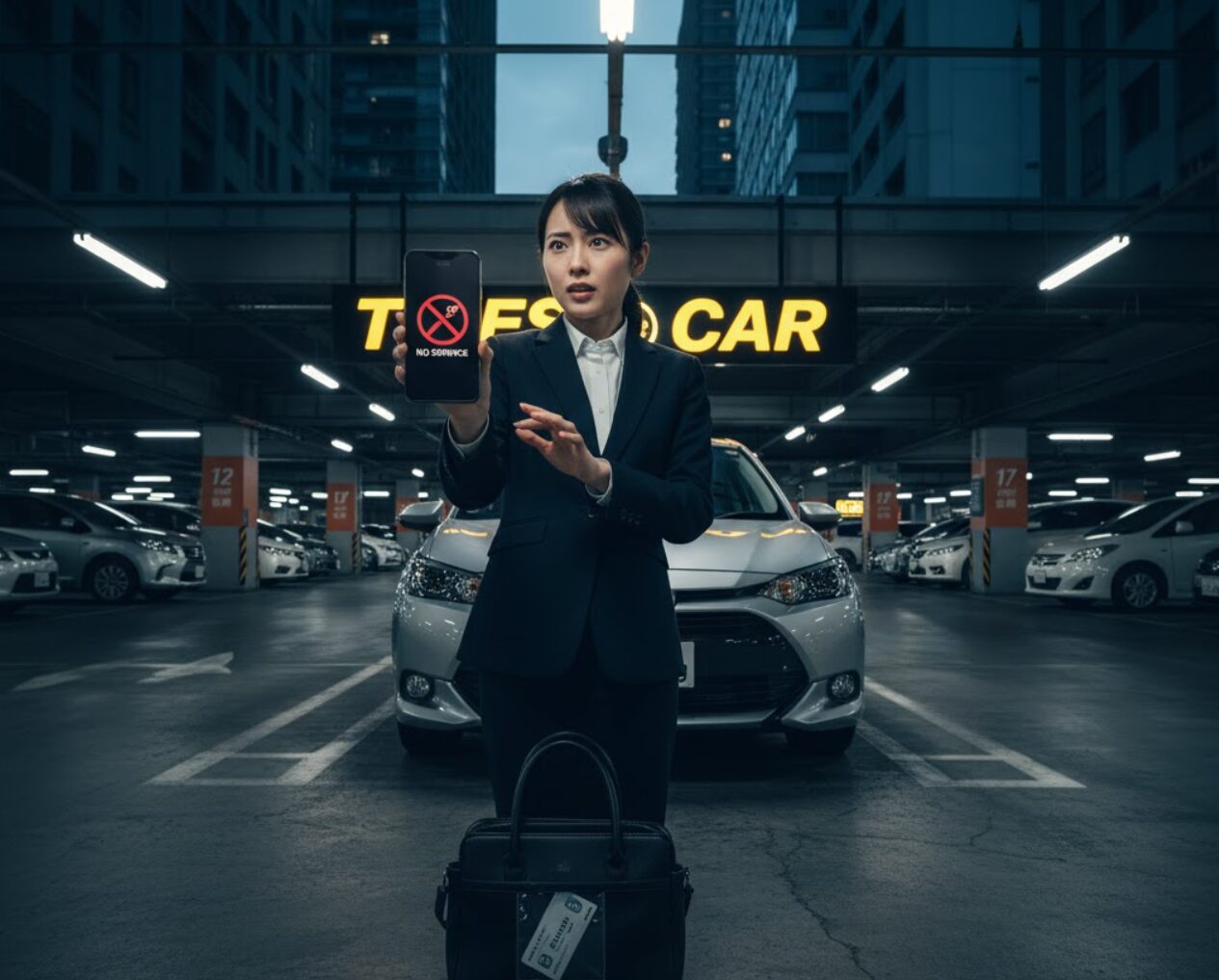 タイムズカーシェアの地下駐車場で、充電切れまたは電波障害で「NO SERVICE」と表示されたスマートフォンを持って困惑している日本人女性。手前のバッグには会員カードが少し見えている。