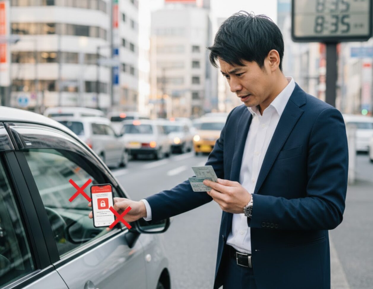 タイムズカーシェアの予約ができないと困っている男性が、スマートフォンと運転免許証を見比べて困惑している様子。