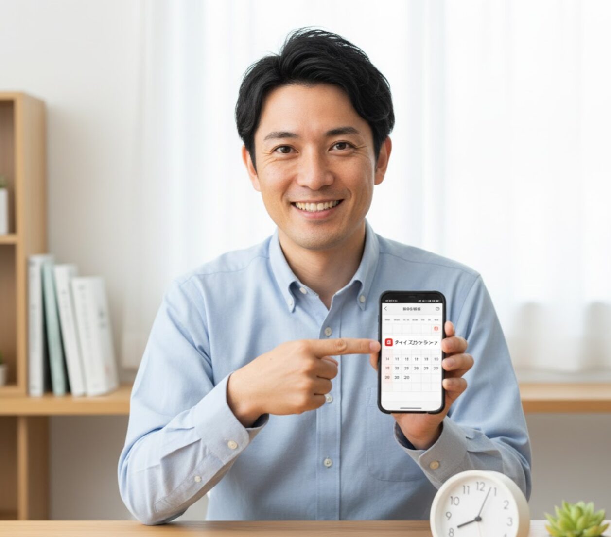 スマートフォンのカレンダーアプリでタイムズカーシェアの免許更新リマインダーを設定し、笑顔で指差している男性。