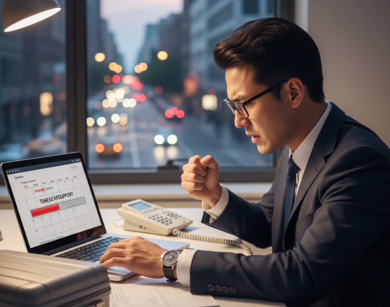 ラップトップでタイムズカーシェアの更新ステータスを確認し、土日祝日の審査待ちにイライラしている様子のビジネスマン。