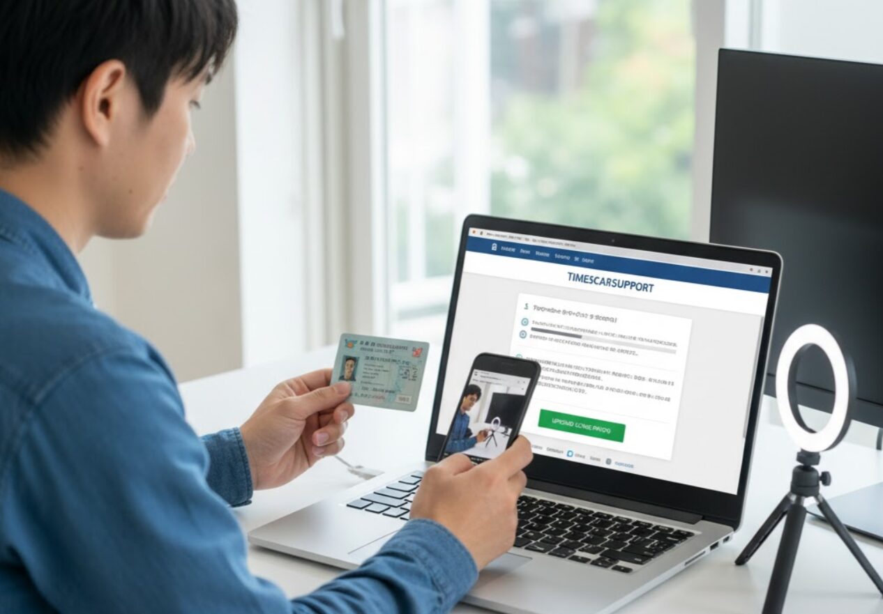 自宅で新しい運転免許証をスマートフォンで撮影し、タイムズカーシェアのマイページにアップロードしている男性。