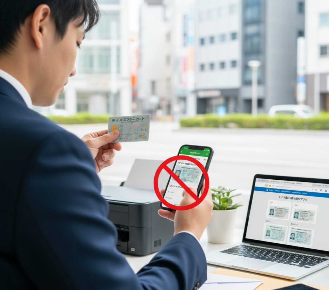 タイムズカーシェアアプリで運転免許証更新を試みて、エラー表示に直面しているビジネスマン。