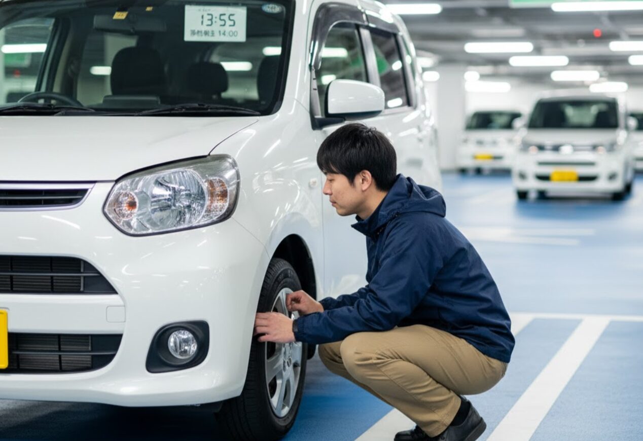 出発前、カーシェア車両のタイヤや車体の状態を入念に点検する日本人男性。