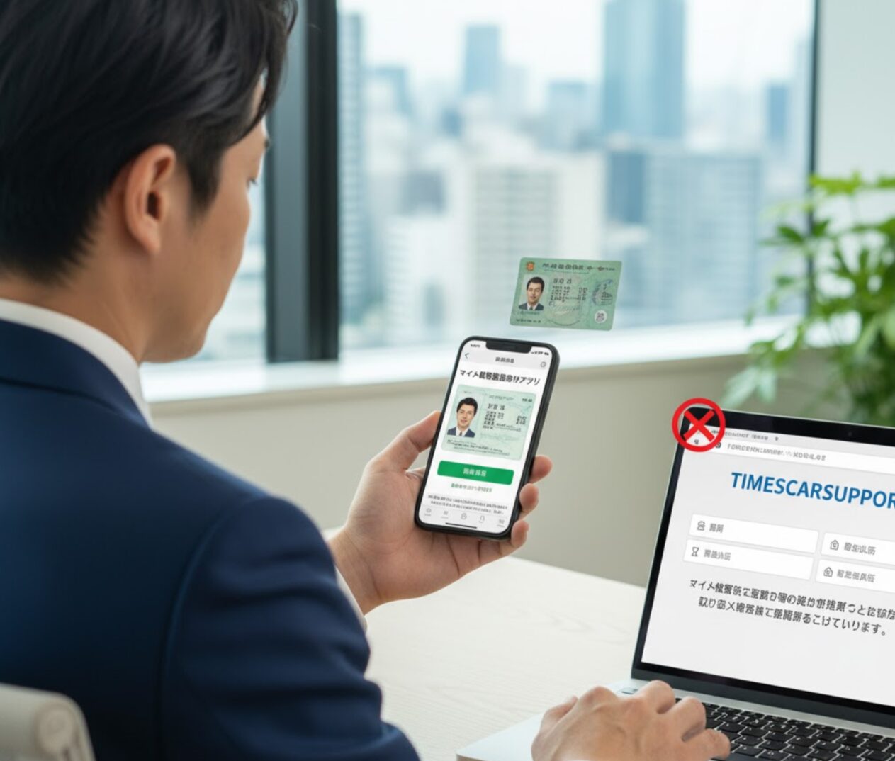 マイナンバーカードと運転免許証の一体型「マイナ免許証」をスマホアプリで読み取り、タイムズカーシェアのマイページにその情報をアップロードしようとしている男性。